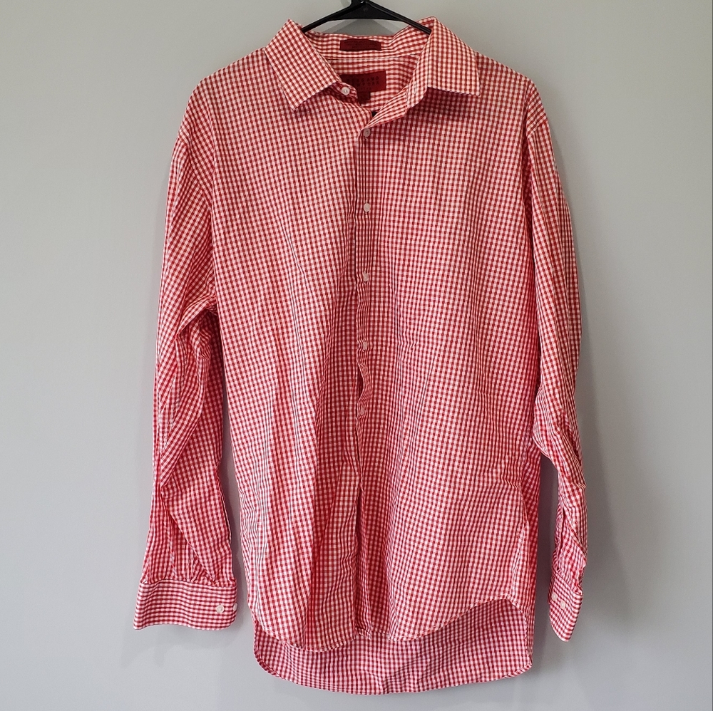 Bergamo New York | Red & White Fitted Checkered Collared Long Sleeve Shirt